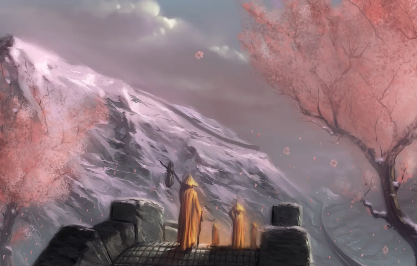 Фото обои горы, мост, сиреневый, розовый, сакура, золотистый, странник