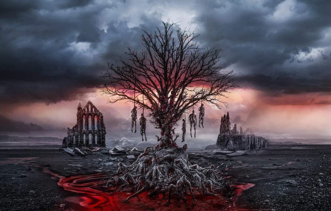Фото обои тучи, смерть, дерево, скелеты, висельники