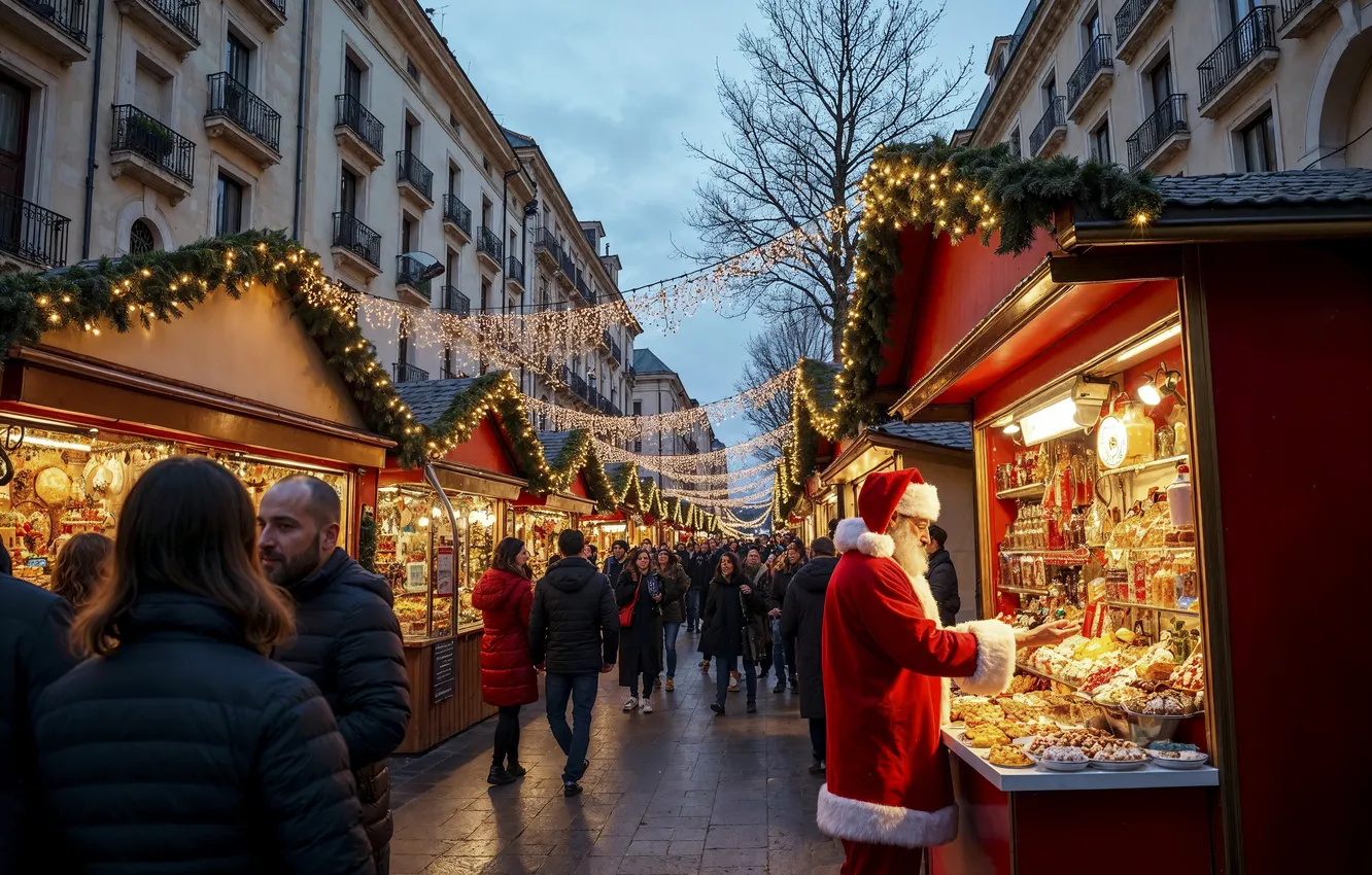 Фото обои украшения, city, город, улица, Рождество, Новый год, christmas, Санта Клаус