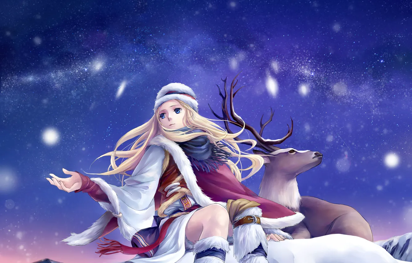 Фото обои зима, небо, звезды, снег, олень, арт, девочка, ann