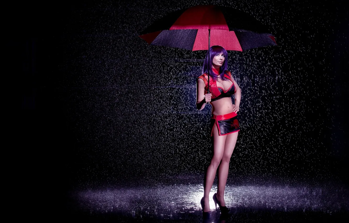 Фото обои девушка, дождь, ноги, юбка, зонт, фигура, топик