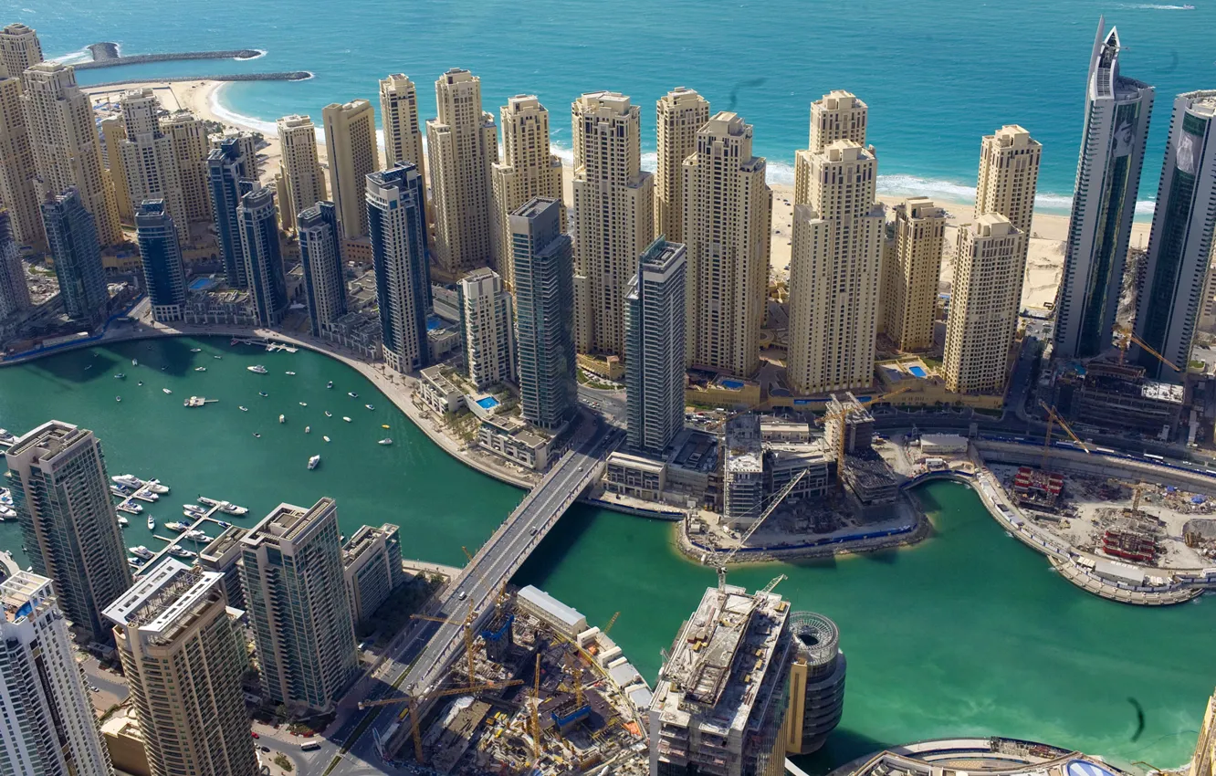 Фото обои море, мост, побережье, здания, Дубай, Dubai, небоскрёбы, ОАЭ