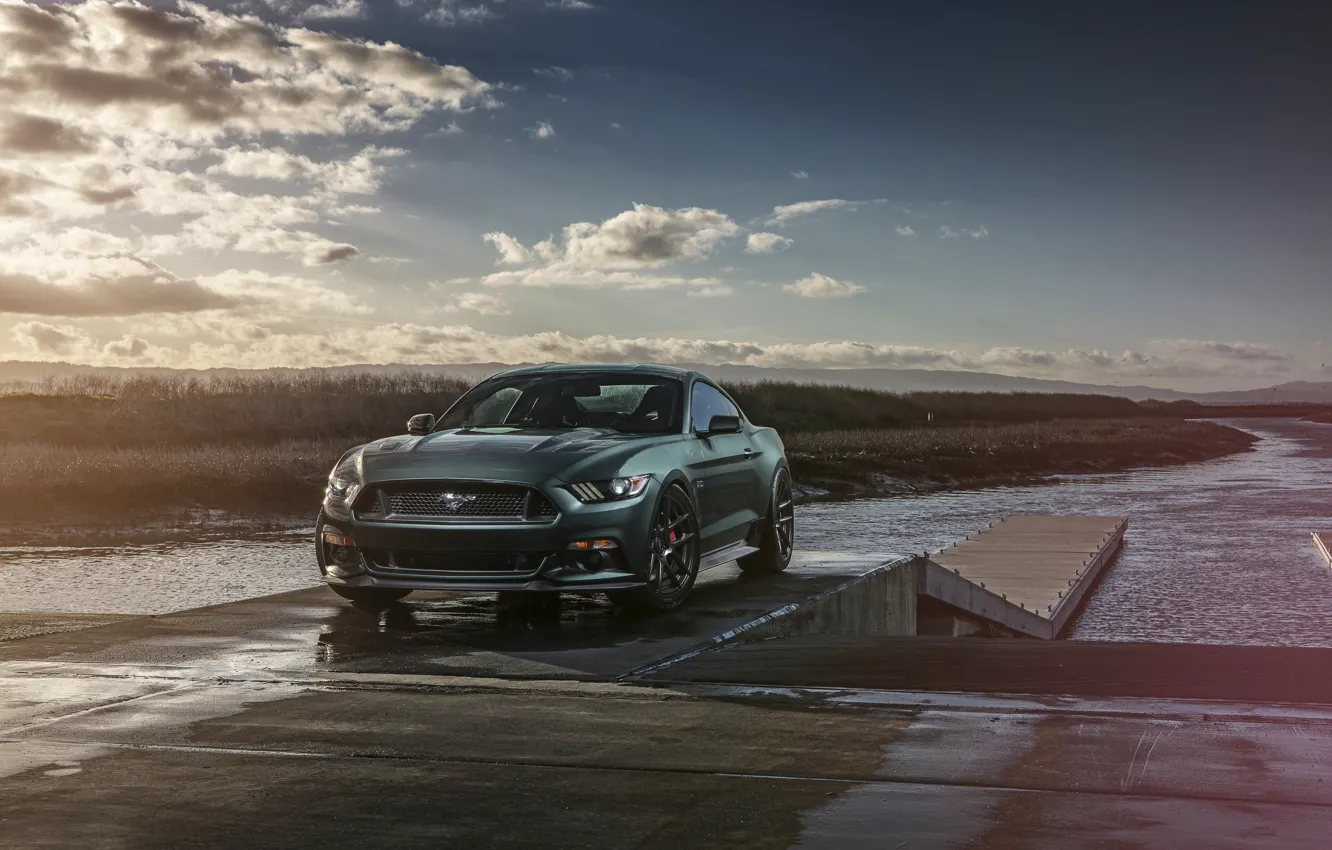 Фото обои Mustang, Ford, Muscle, Car, Front, Sunset, Wheels, 2015