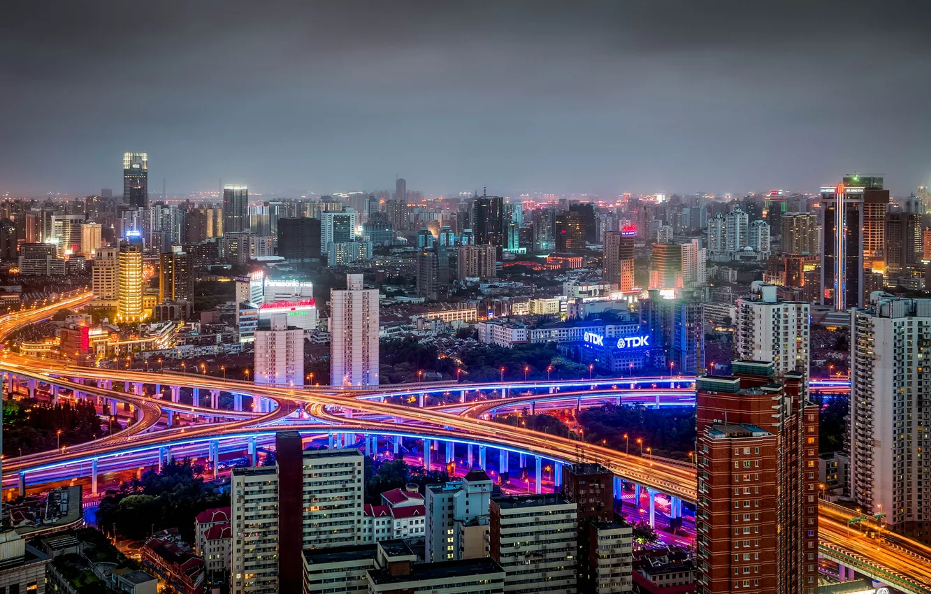 Фото обои China, здания, дороги, панорама, Китай, Shanghai, Шанхай, ночной город