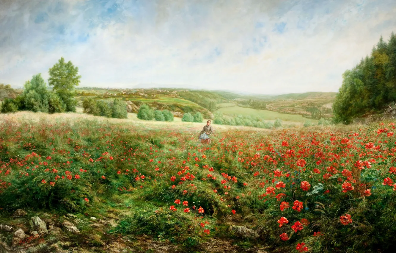 Фото обои поле, девушка, деревья, пейзаж, цветы, холмы, маки, картина