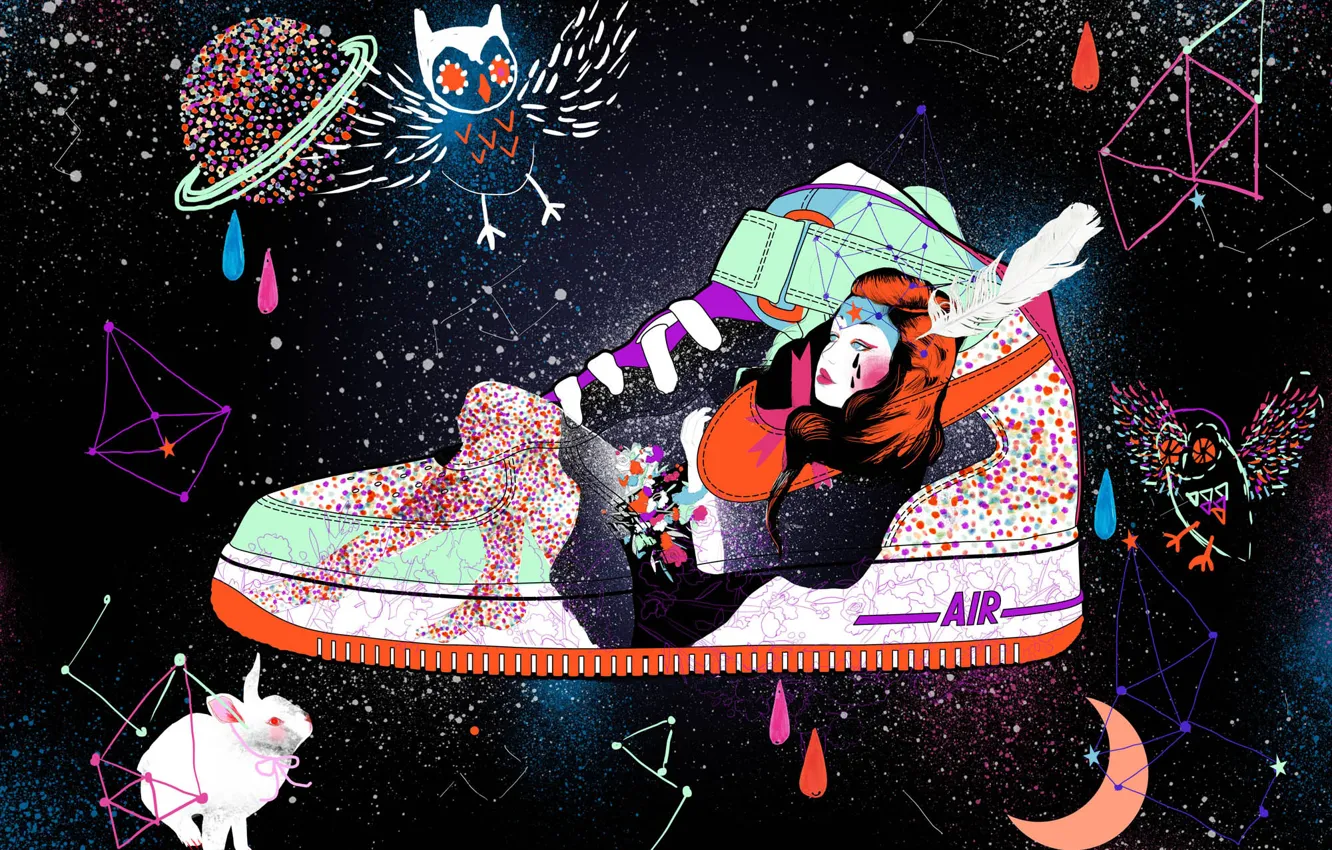 Фото обои девушка, космос, капли, сова, краска, заяц, обувь, созвездия
