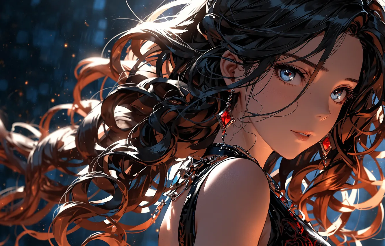 Фото обои girl, anime, blue eyes, dark hair, Ai art