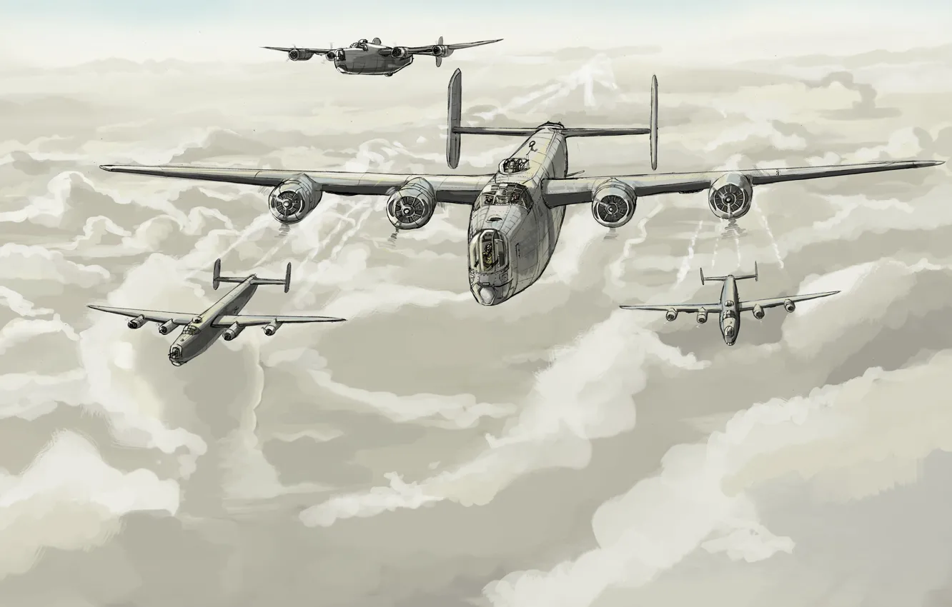 Фото обои облака, арт, полёт, бомбардировщики, USAF, Consolidated, B-24 Liberator