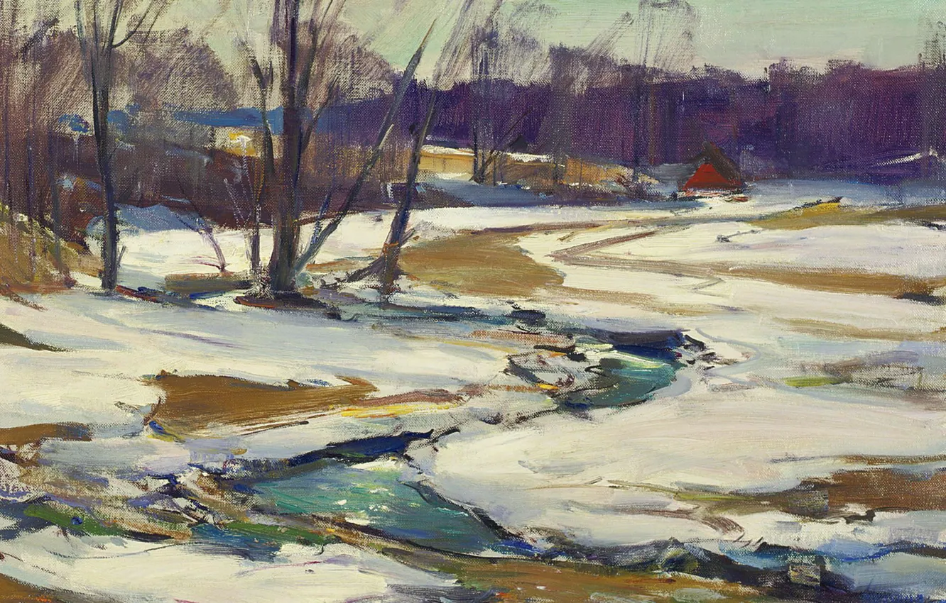 Фото обои пейзаж, природа, картина, импрессионизм, Ручей и Тающий Снег, Carl William Peters
