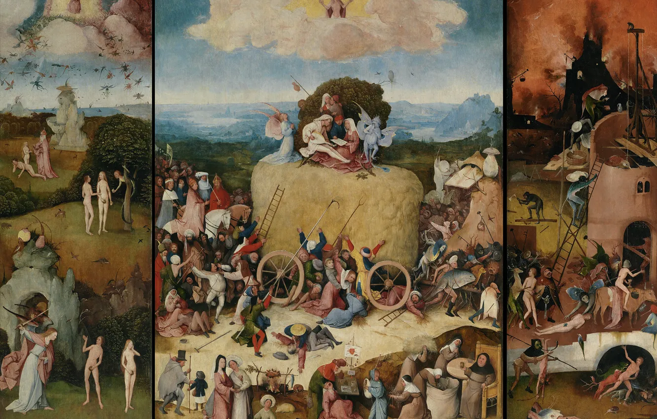 Фото обои Hieronymus Bosch, правая створка- Ад, 1490-1500, Триптих 'Воз сена', Левая створка - Рай с падением …
