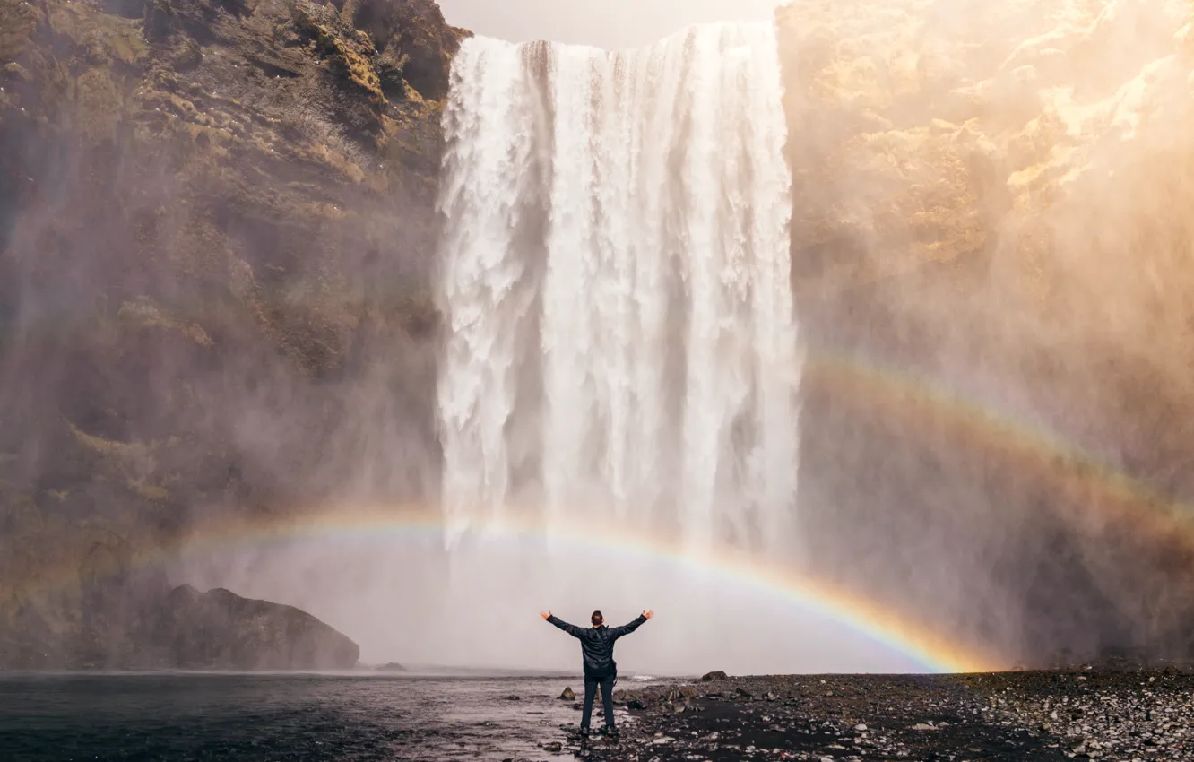 Фото обои скала, водопад, радуга, спектр, Исландия, Iceland