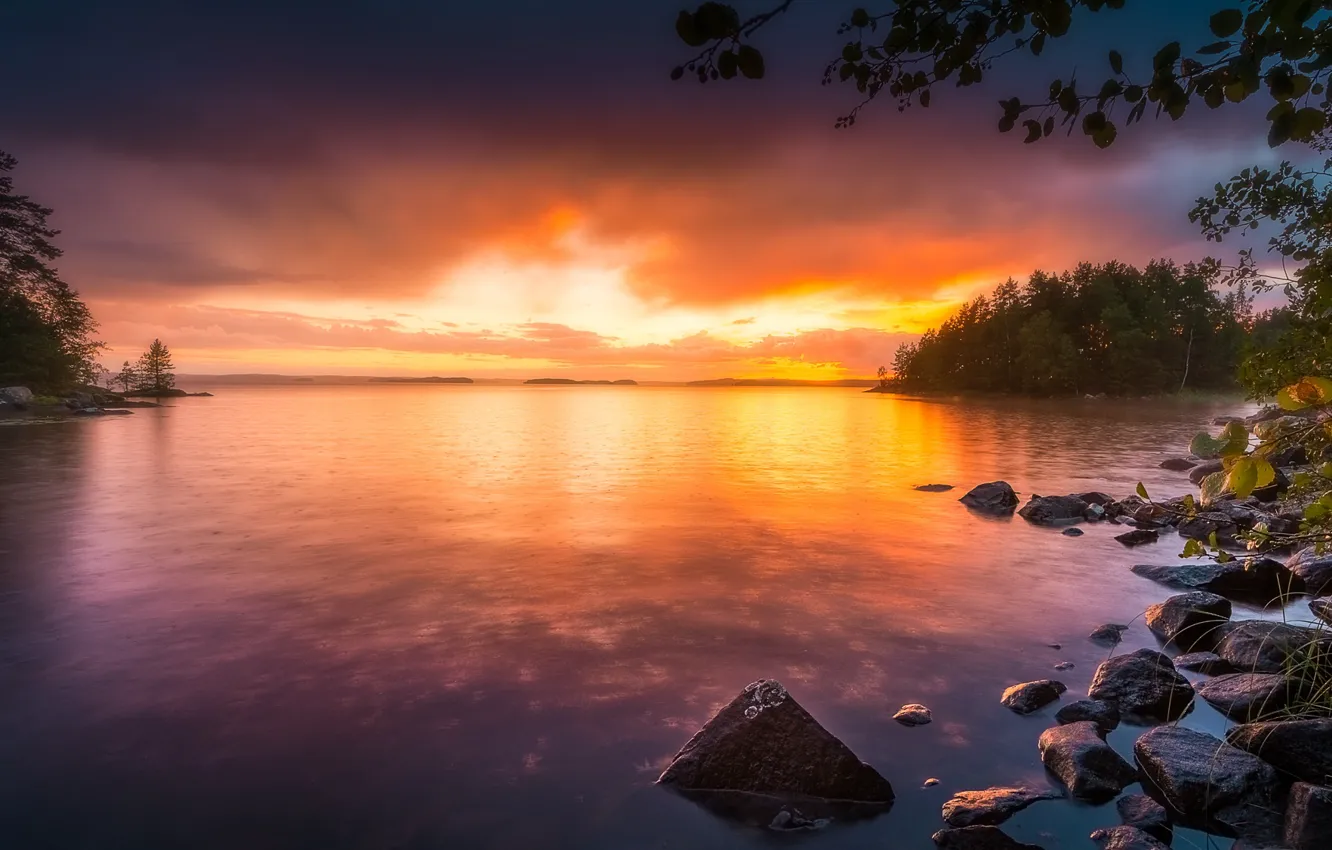 Фото обои деревья, закат, озеро, камни, Финляндия, Finland, Тампере, Tampere