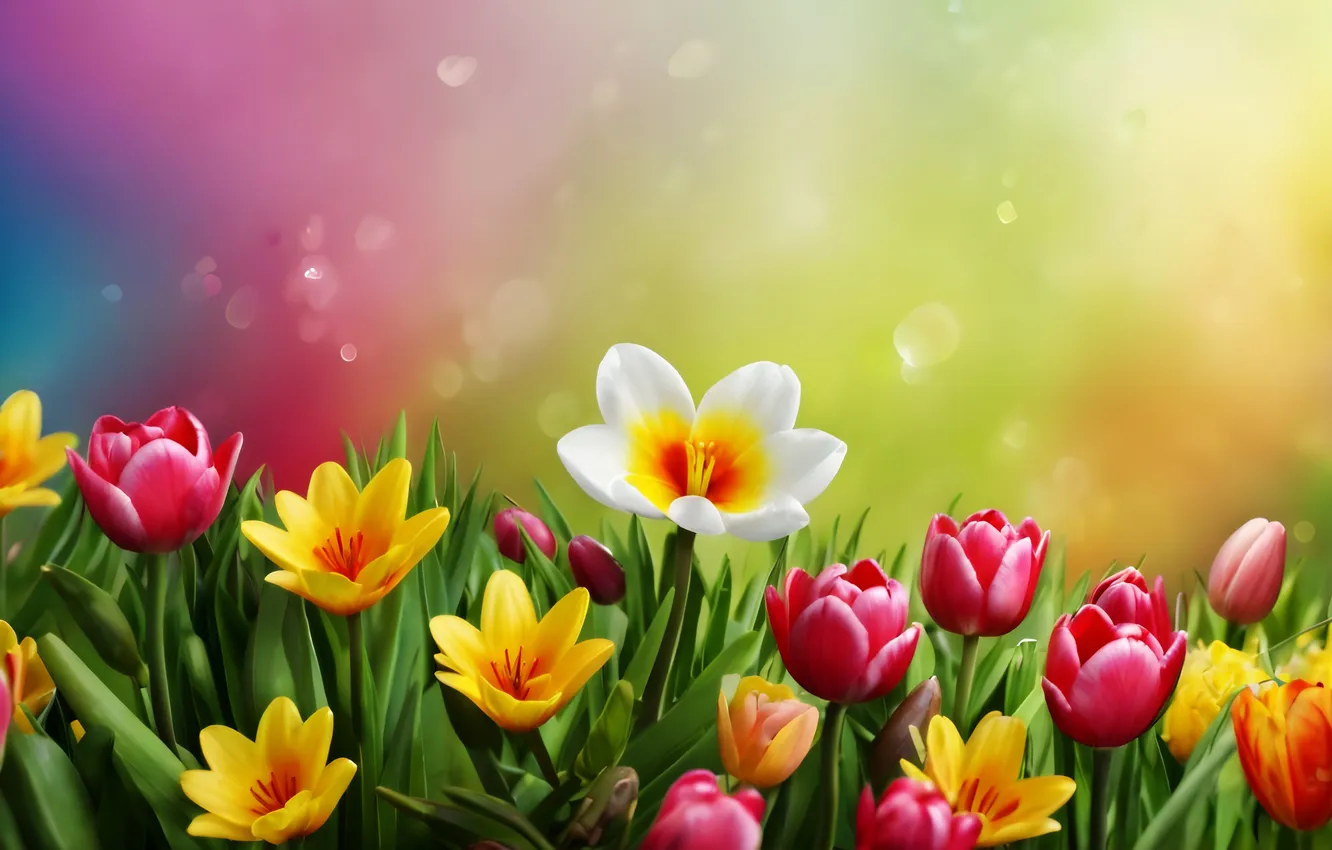 Фото обои поле, цветы, весна, colorful, цветение, flowers, spring, bright