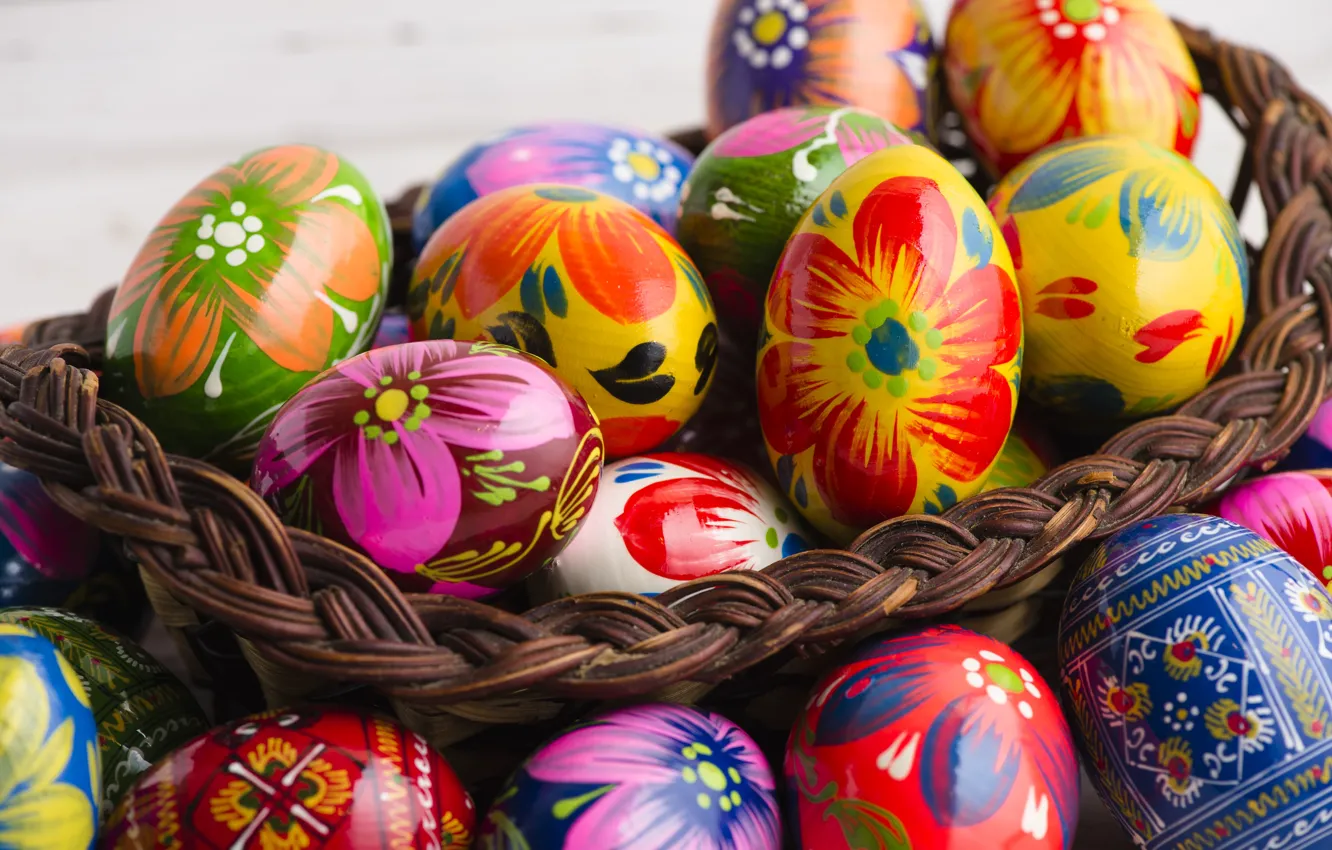 Фото обои корзина, весна, colorful, Пасха, wood, spring, Easter, eggs