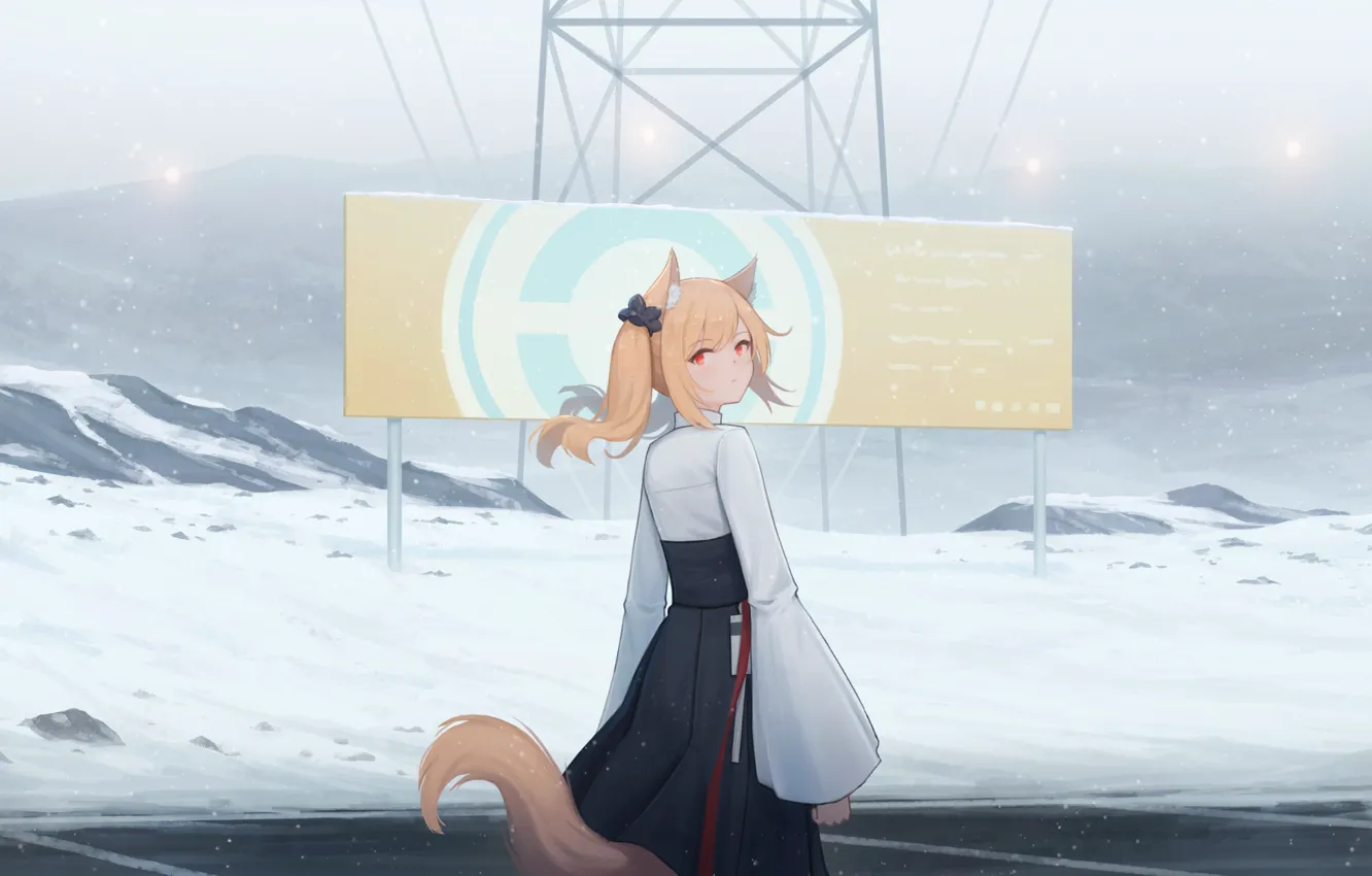 Фото обои девушка, снег, горы, плакат, лиса, ушки
