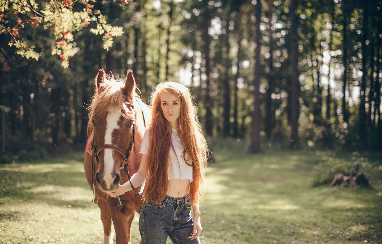 Фото обои лето, девушка, волосы, лошадь, рыжая