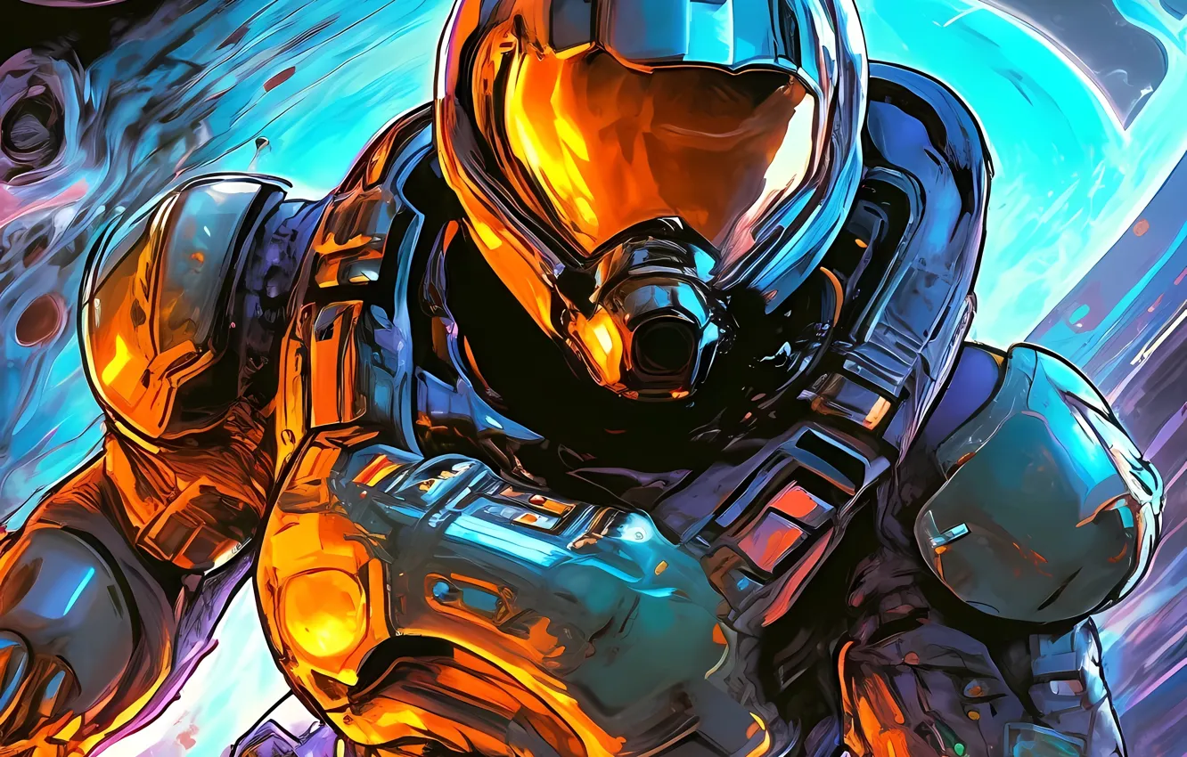 Фото обои космос, костюм, шлем, Doom, палачь, ИИ АРТ