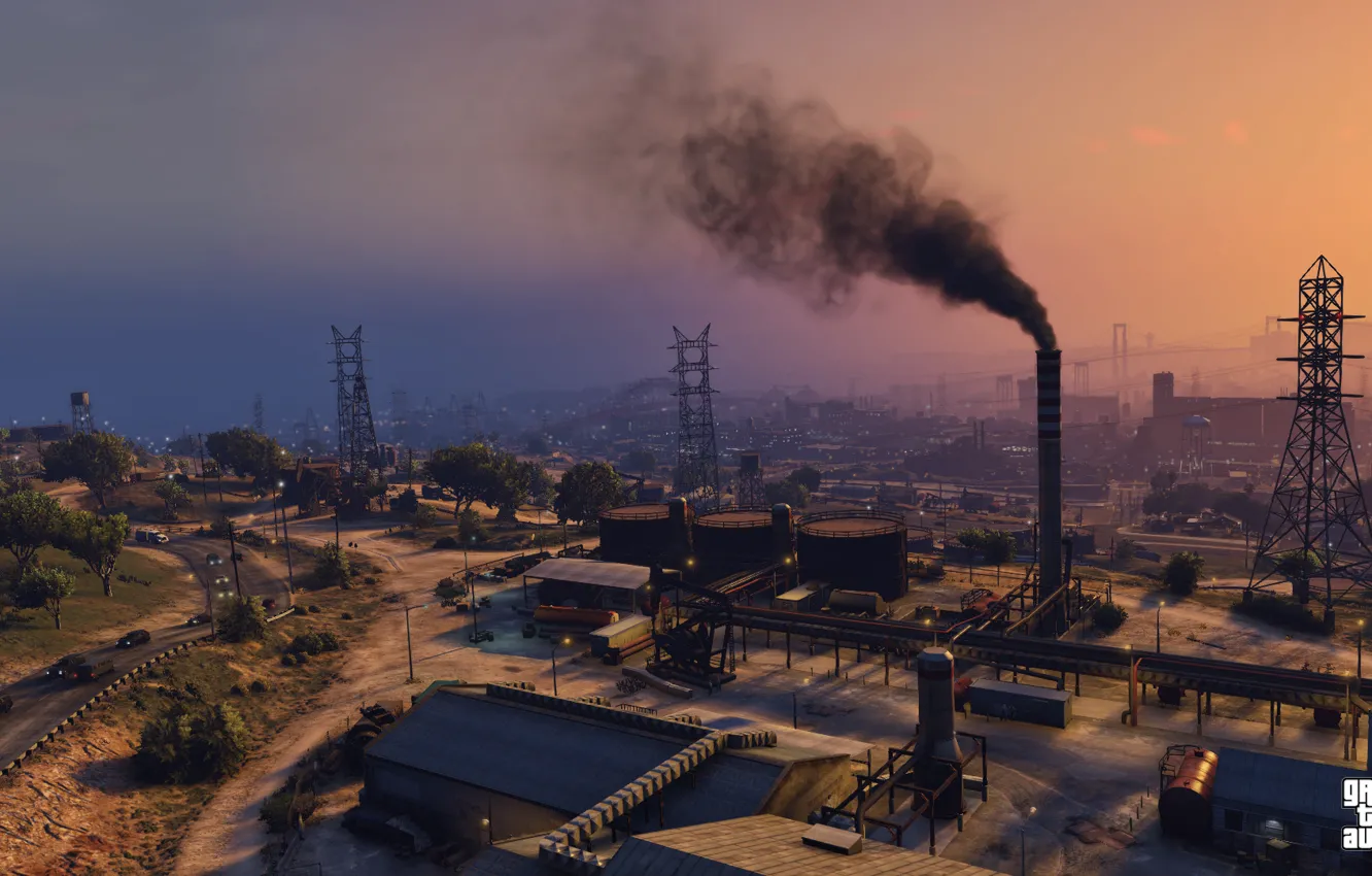 Фото обои завод, вечер, Grand Theft Auto V, лос сантос, gta 5