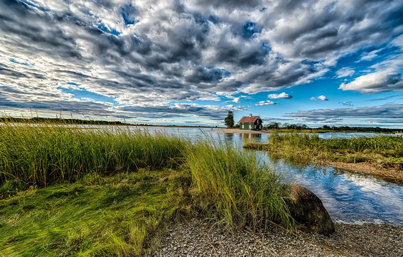 Фото обои Clouds, Reflections, House on the Harbor