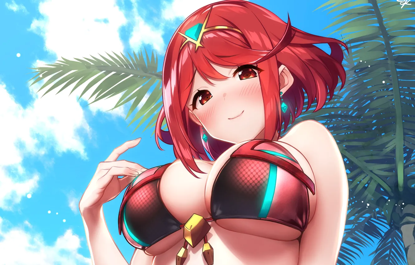 Фото обои girl, sexy, cleavage, red hair, long hair, boobs, anime, beautiful