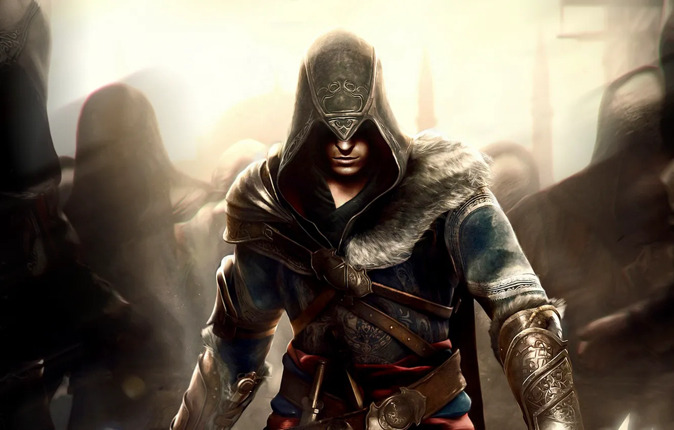 Фото обои узор, капюшон, тени, мех, Ezio, ремни, Assassin`s Creed, Кредо убийцы
