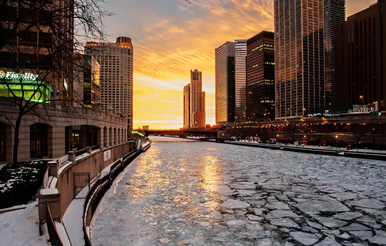 Фото обои лед, зима, вода, снег, закат, город, Чикаго, Небоскребы