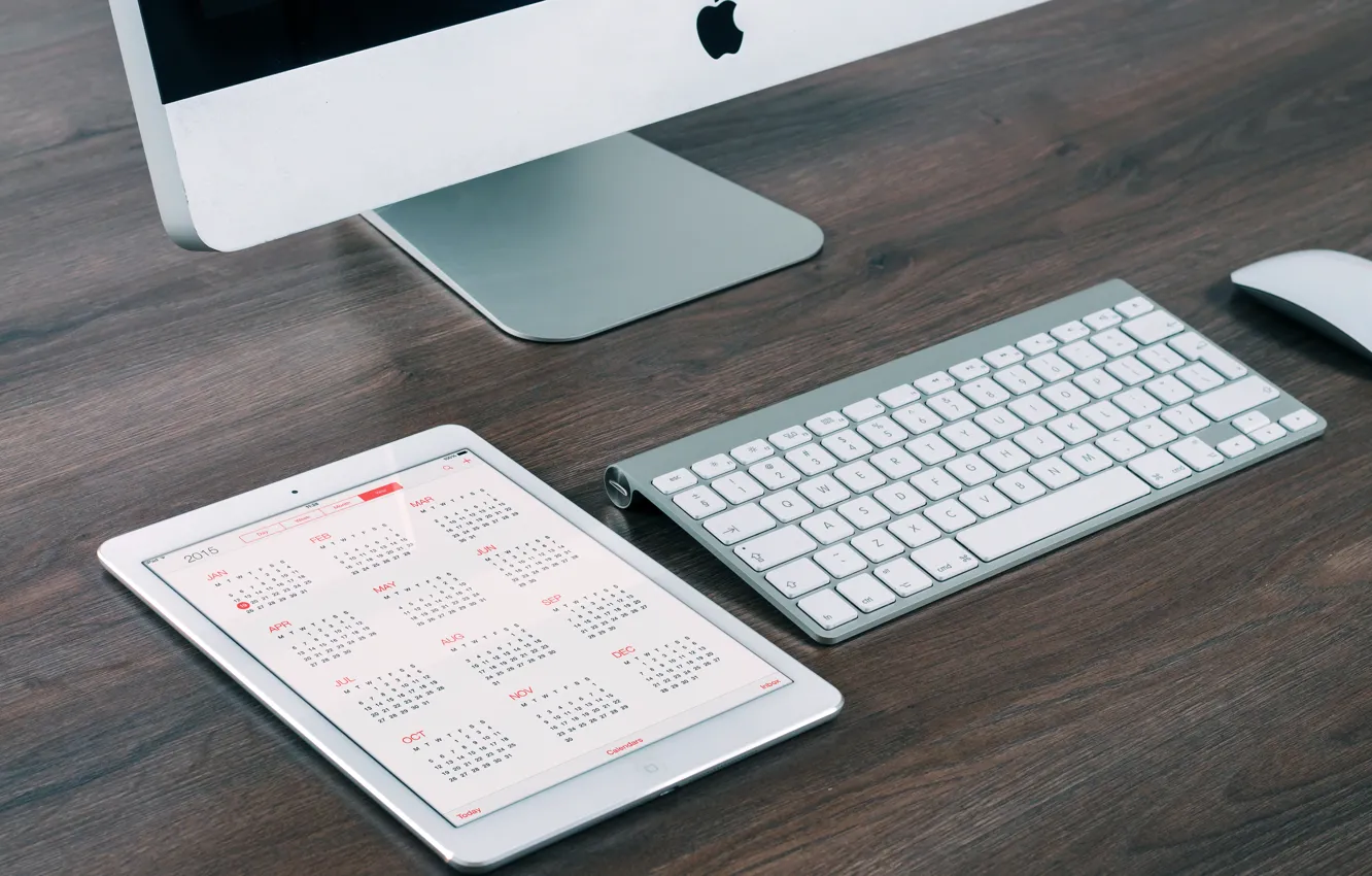 Фото обои apple, mac, клавиатура, монитор, планшет, календарь, гаджеты, 2015