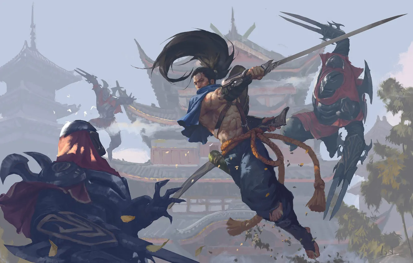 Фото обои sword, fantasy, game, weapon, fight, battle, League of Legends, samurai