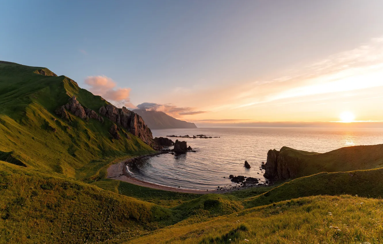 Фото обои Аляска, Alaska, Horseshoe Bay, Adak Island, Summer Sunset, залив Хорсшу, Летний закат, остров Адак