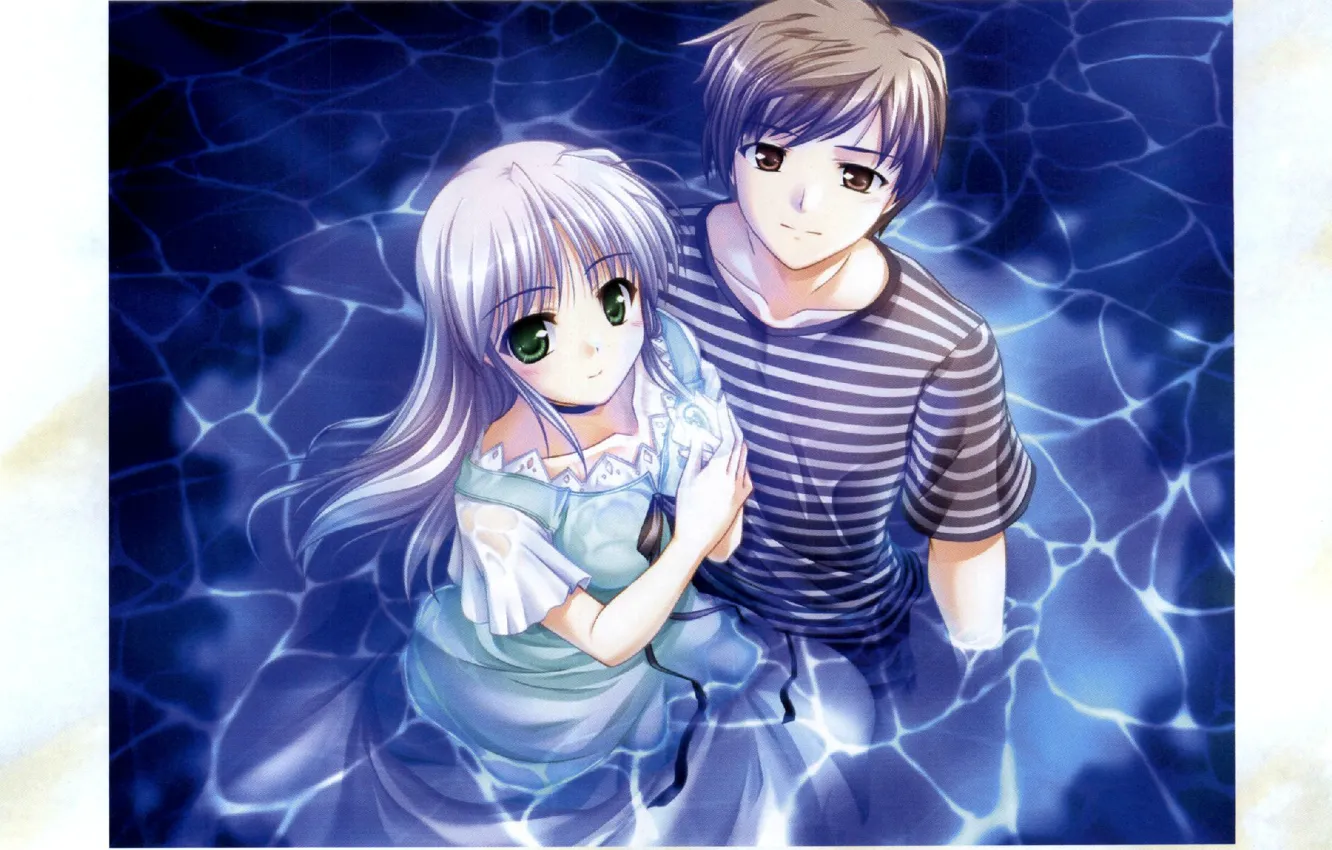 Фото обои вода, блики, полоска, двое, art, зеленые глаза, visual novel, взгляд вверх