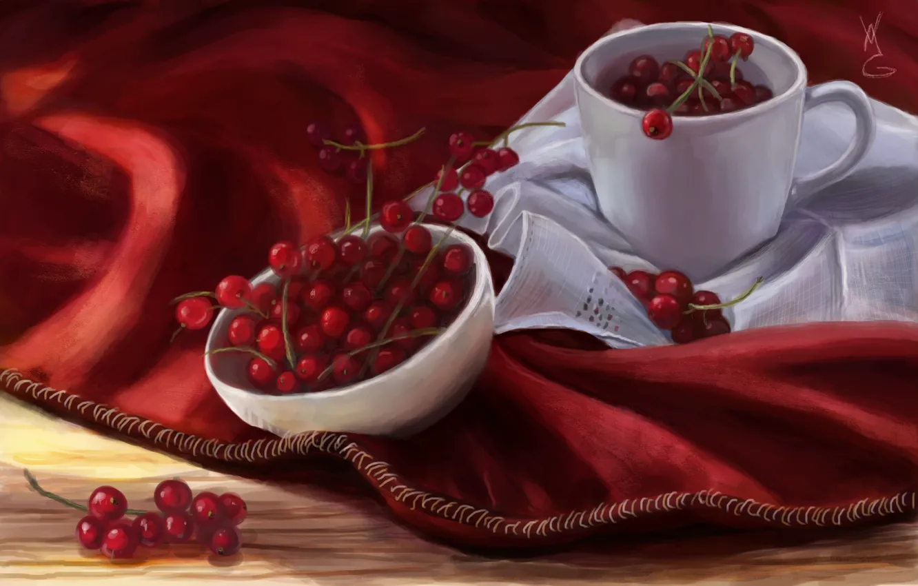 Фото обои ягоды, арт, кружка, красная, смородина, салфетка, пиала