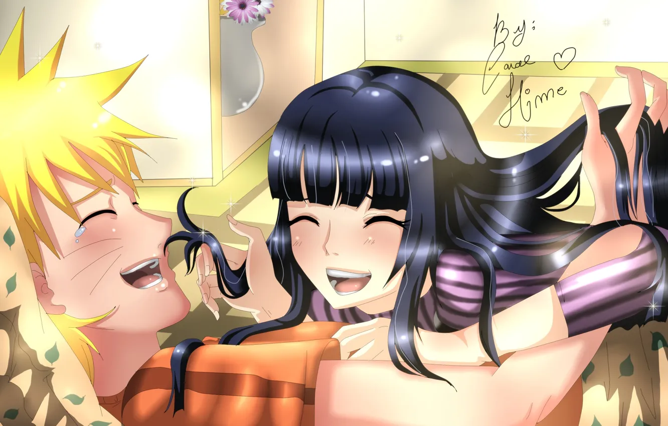 Фото обои девушка, радость, комната, парень, Наруто, Naruto, объятья, art