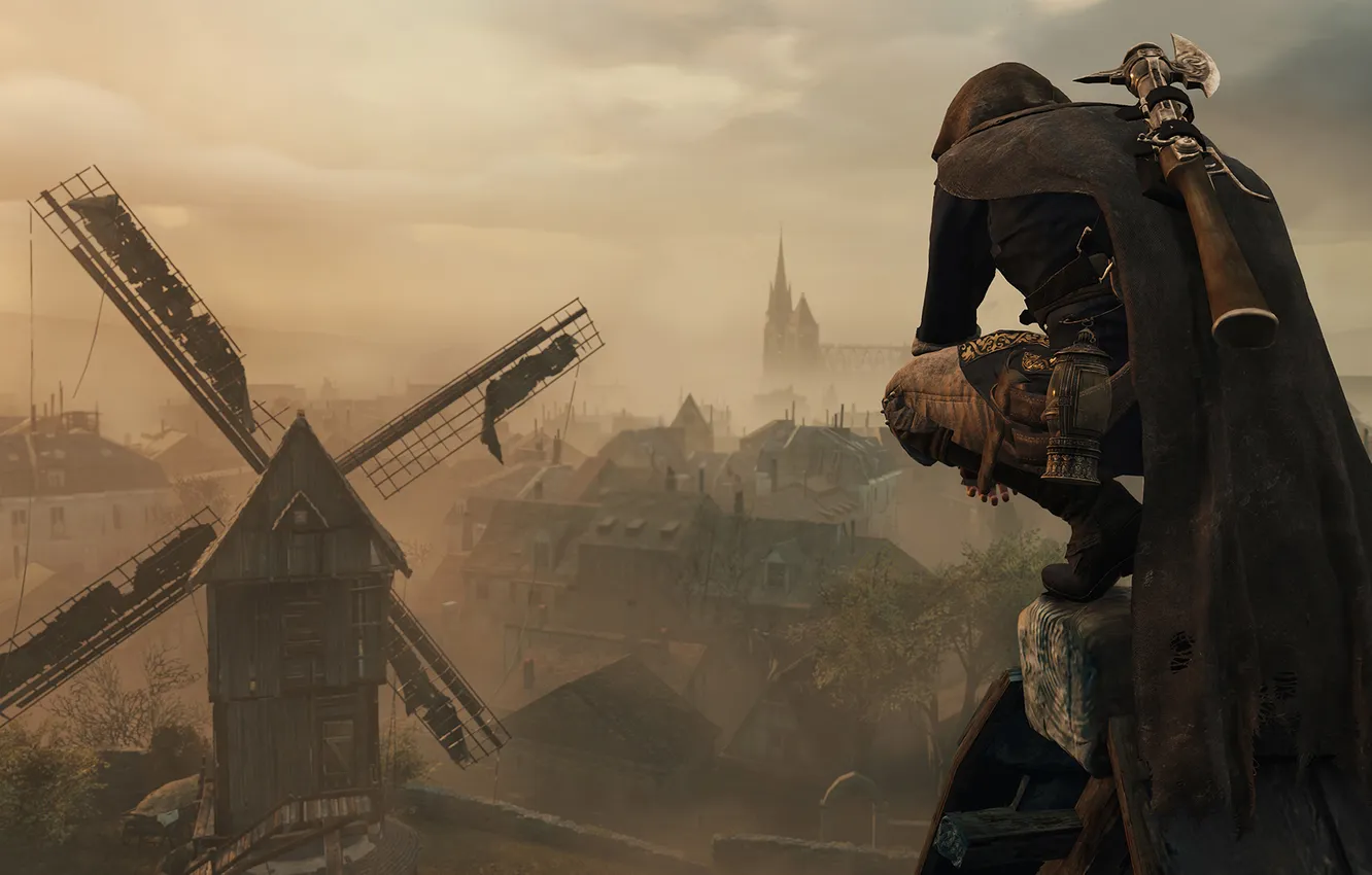 Фото обои город, мельница, assasin, Assassin’s Creed Unity