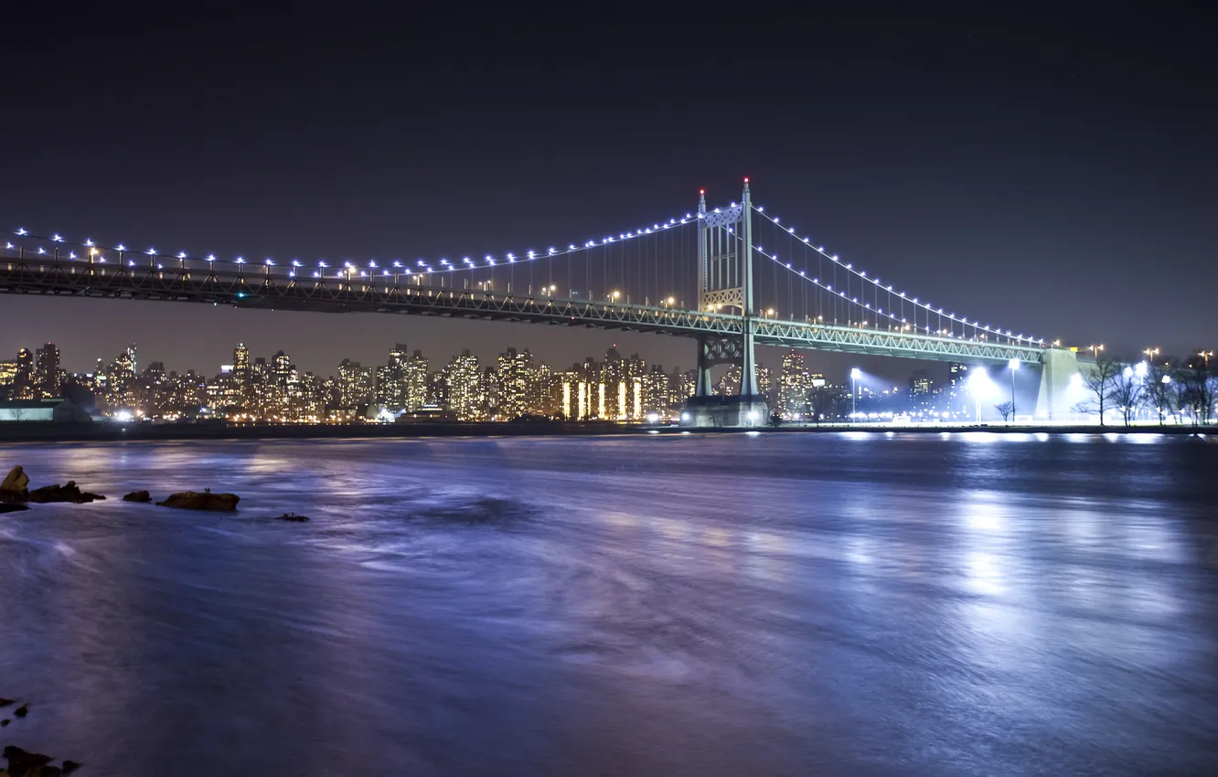 Фото обои ночной город, New York City, East River, пролив Ист-Ривер, Robert F. Kennedy Bridge, Мост Трайборо, …