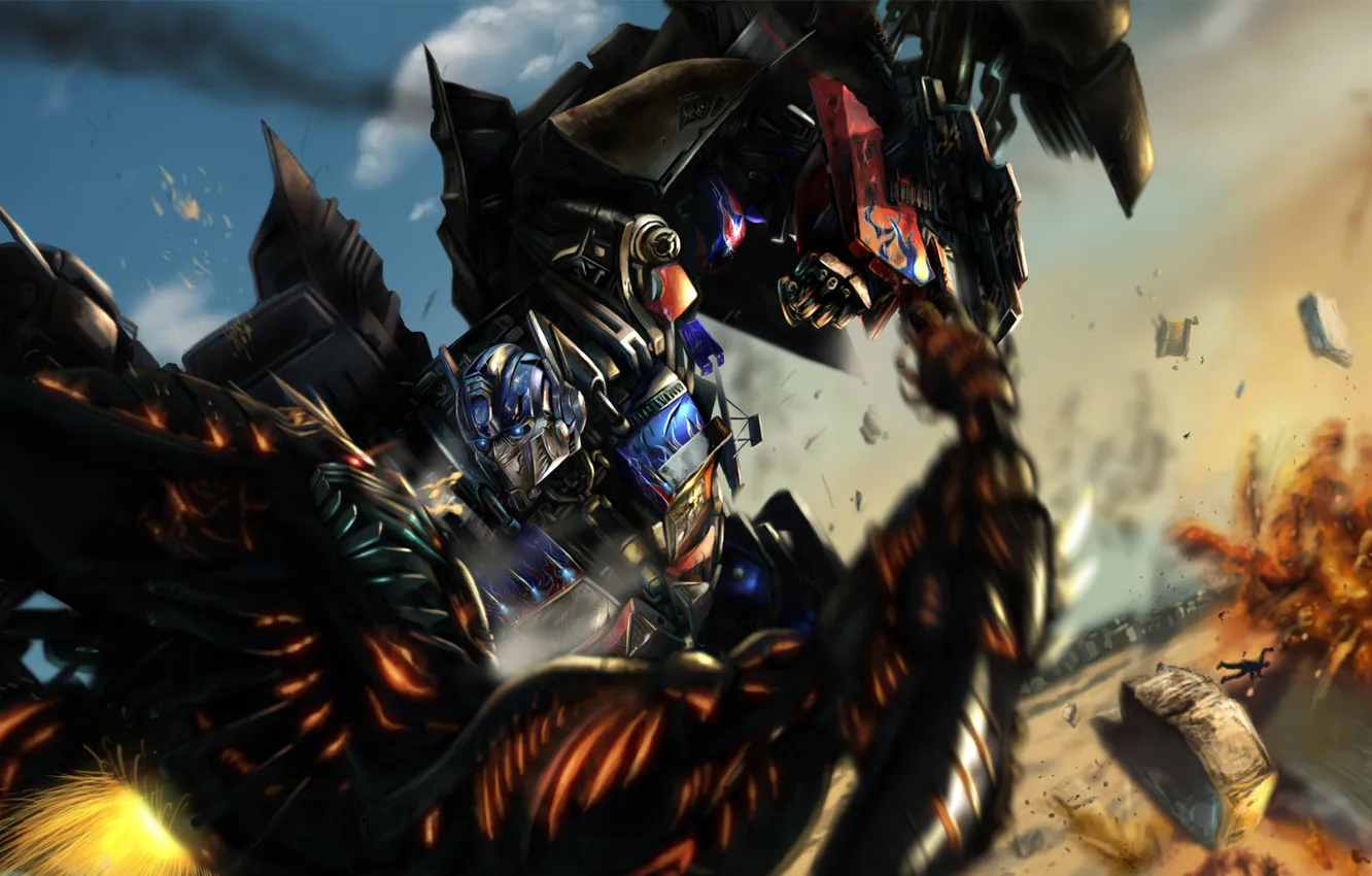 Фото обои взрывы, битва, Transformers