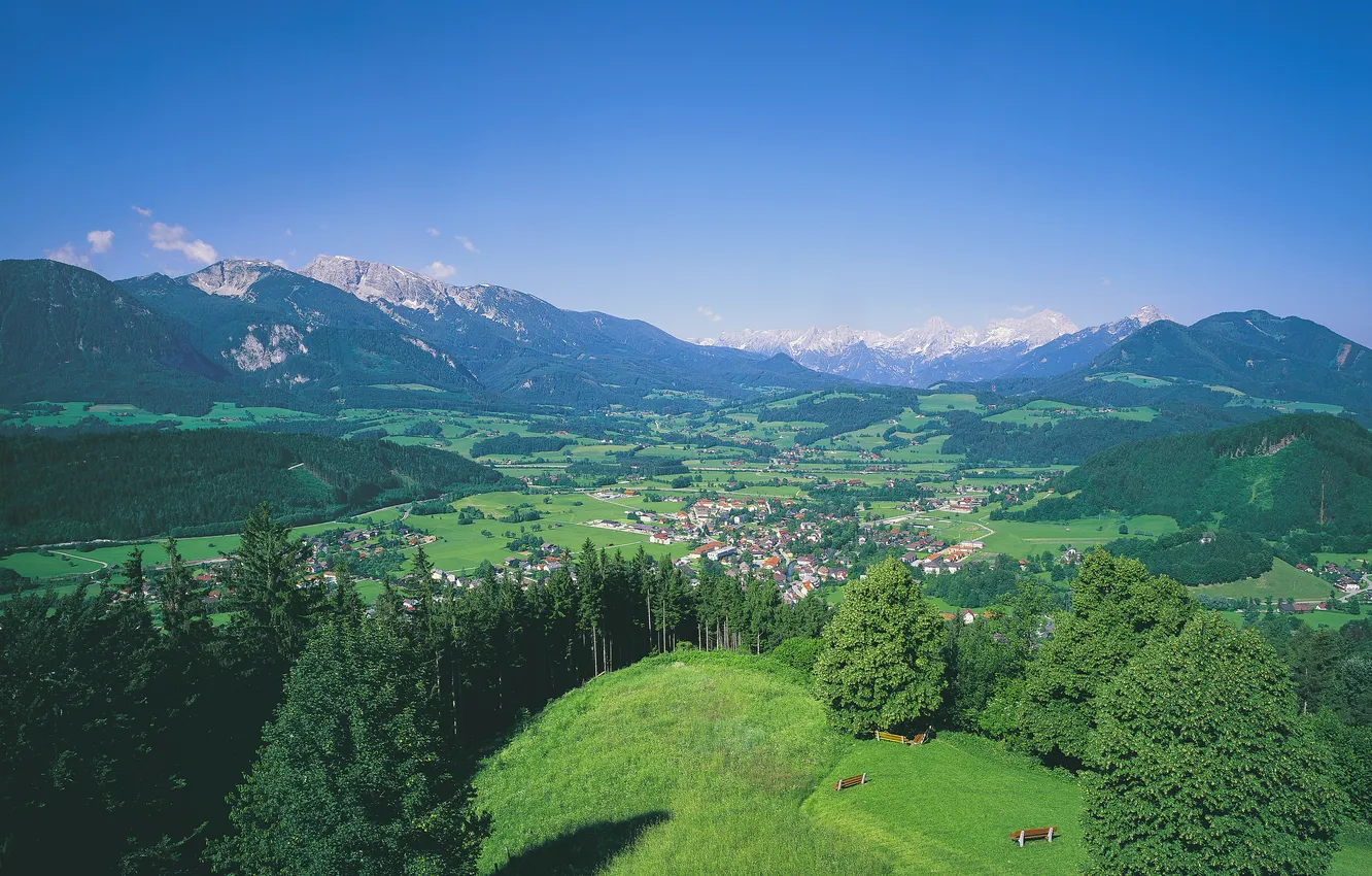 Фото обои небо, деревья, горы, дома, Австрия, долина, городок, поселок