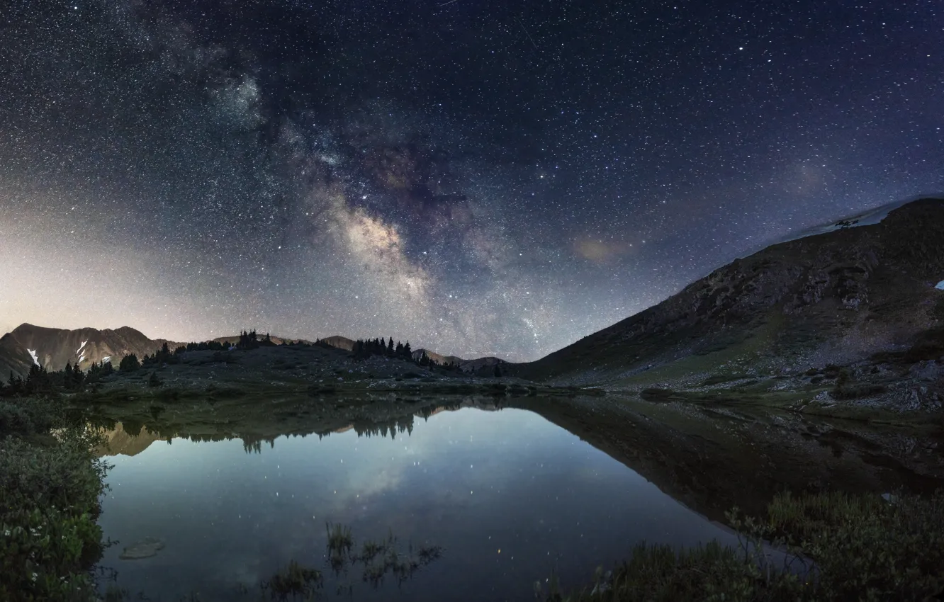 Фото обои горы, ночь, озеро, Колорадо, млечный путь, Соединенные Штаты Америки, Clear Creek