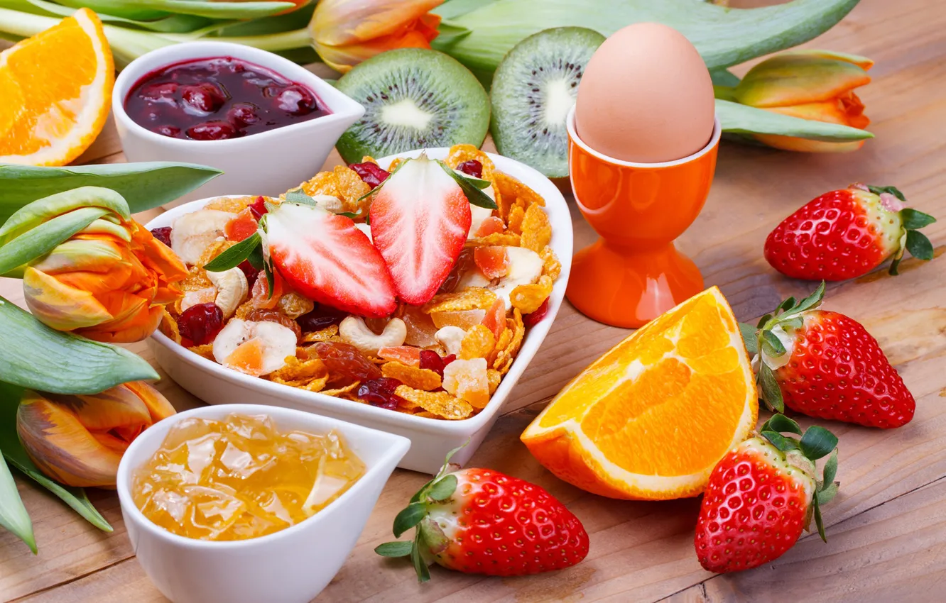 Фото обои ягоды, яйцо, завтрак, фрукты, fruit, berries, breakfast, мюсли