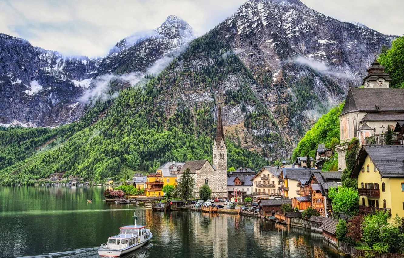 Фото обои горы, озеро, здания, дома, Австрия, Альпы, церковь, городок
