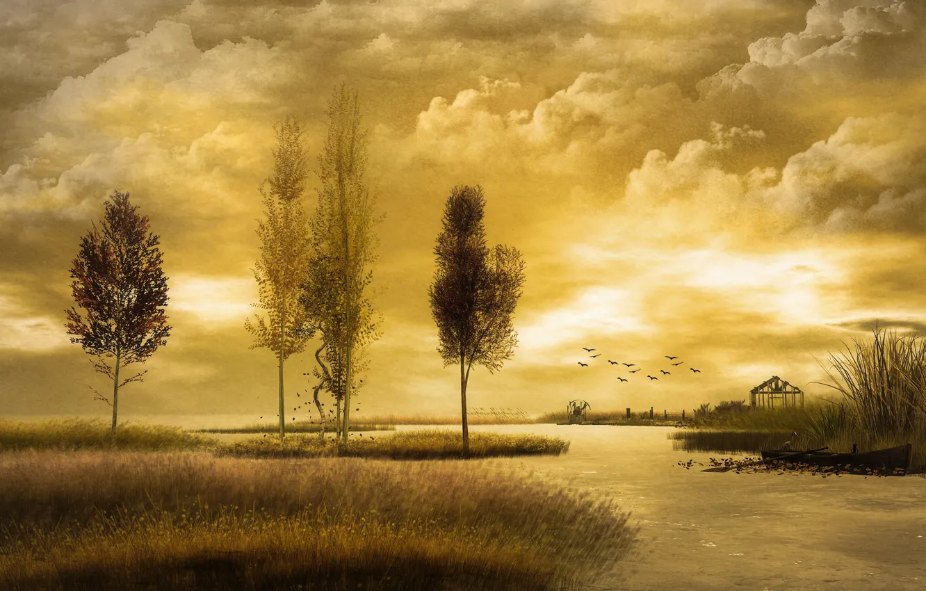 Фото обои осень, деревья, птицы, река, лодка