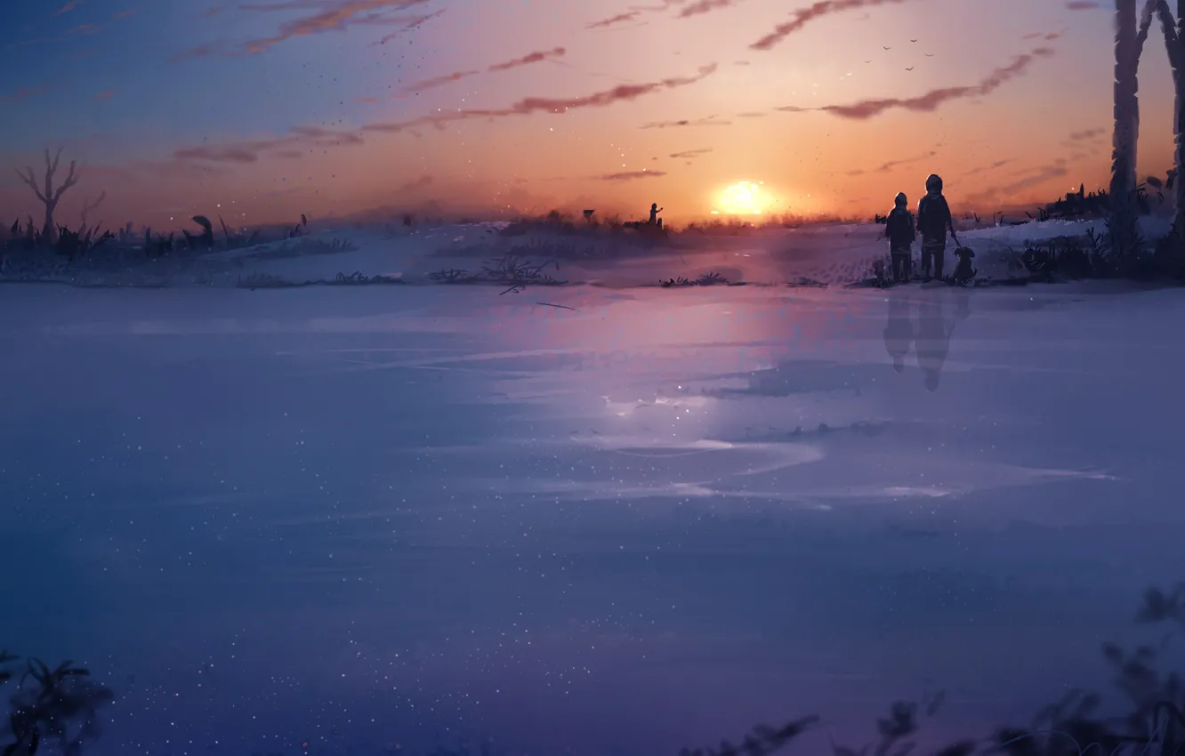 Фото обои зима, небо, закат, дети, озеро, собака