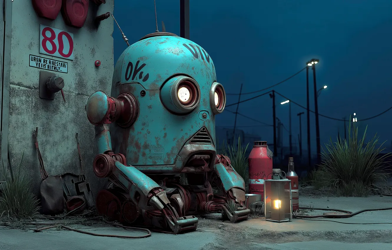 Фото обои fantasy, Robot, science fiction, street, sci-fi, digital art, artwork, fantasy art