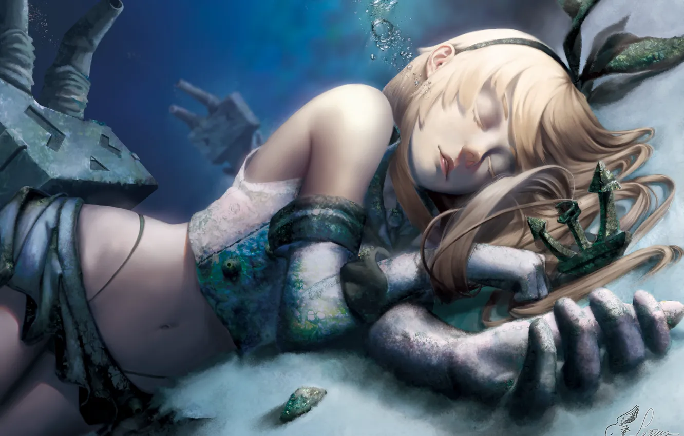 Фото обои песок, девушка, пузырьки, сон, дыхание, ржавчина, Art, под водой