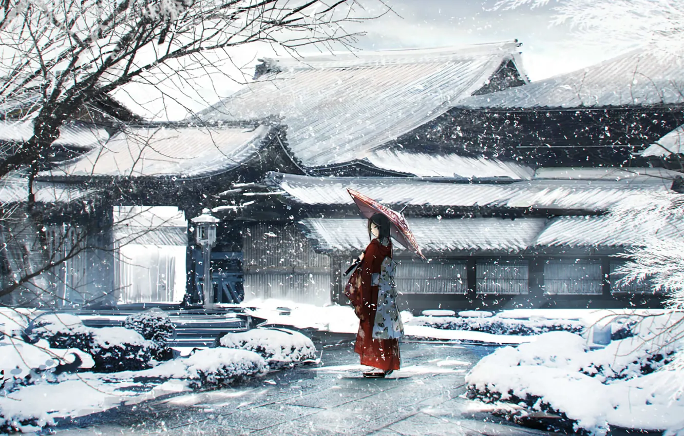 Фото обои зима, девушка, зонт, юката, японя