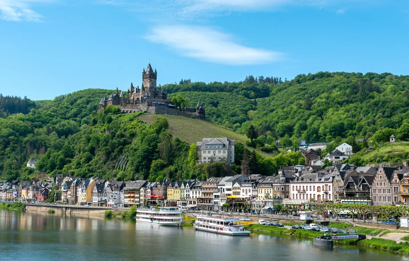 Фото обои река, замок, корабль, дома, Германия, холм, Кохем, Cochem