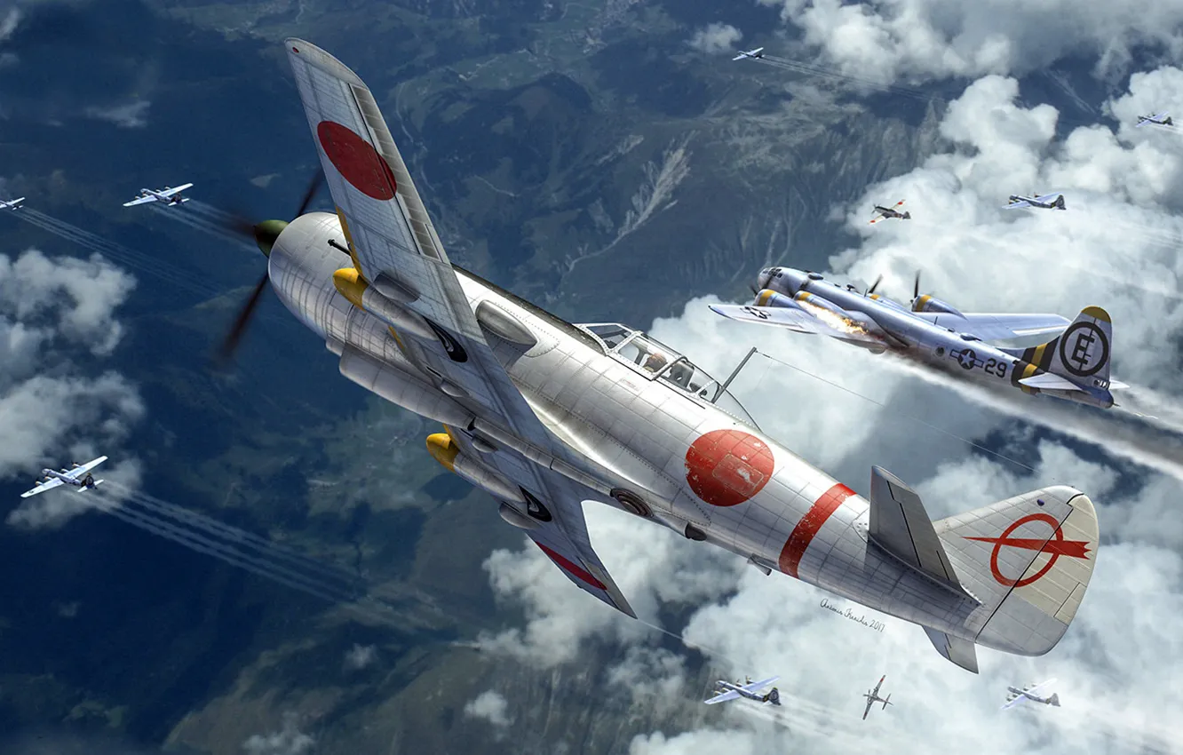 Фото обои Перехватчик, американский тяжёлый бомбардировщик, Boeing B-29 Superfortress, Nakajima Ki-87