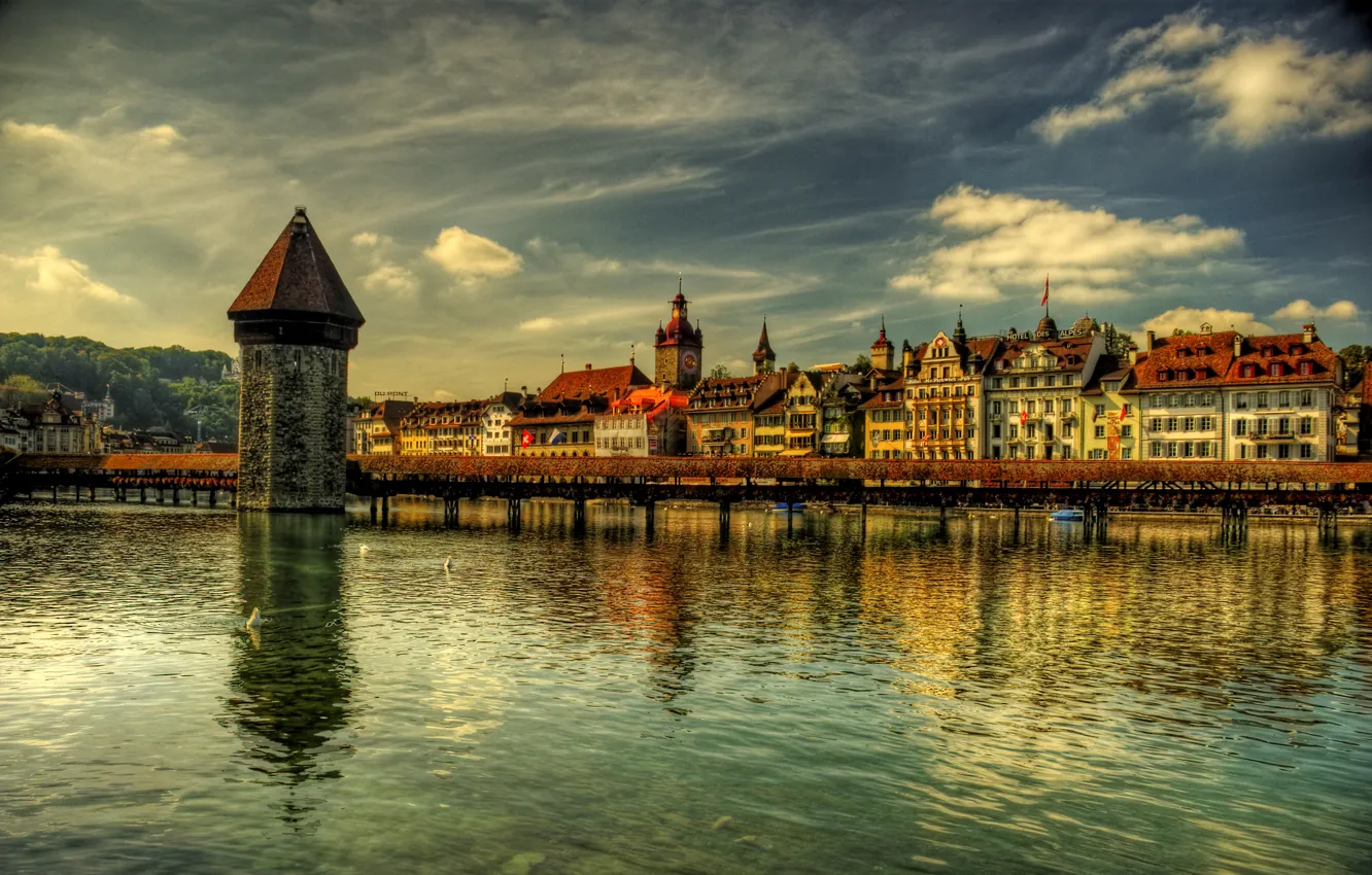 Фото обои река, башня, дома, Швейцария, набережная, Luzern