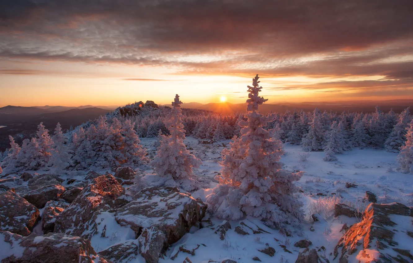 Фото обои снег, деревья, закат, горы, ели, Россия, Южный Урал, Челябинская область