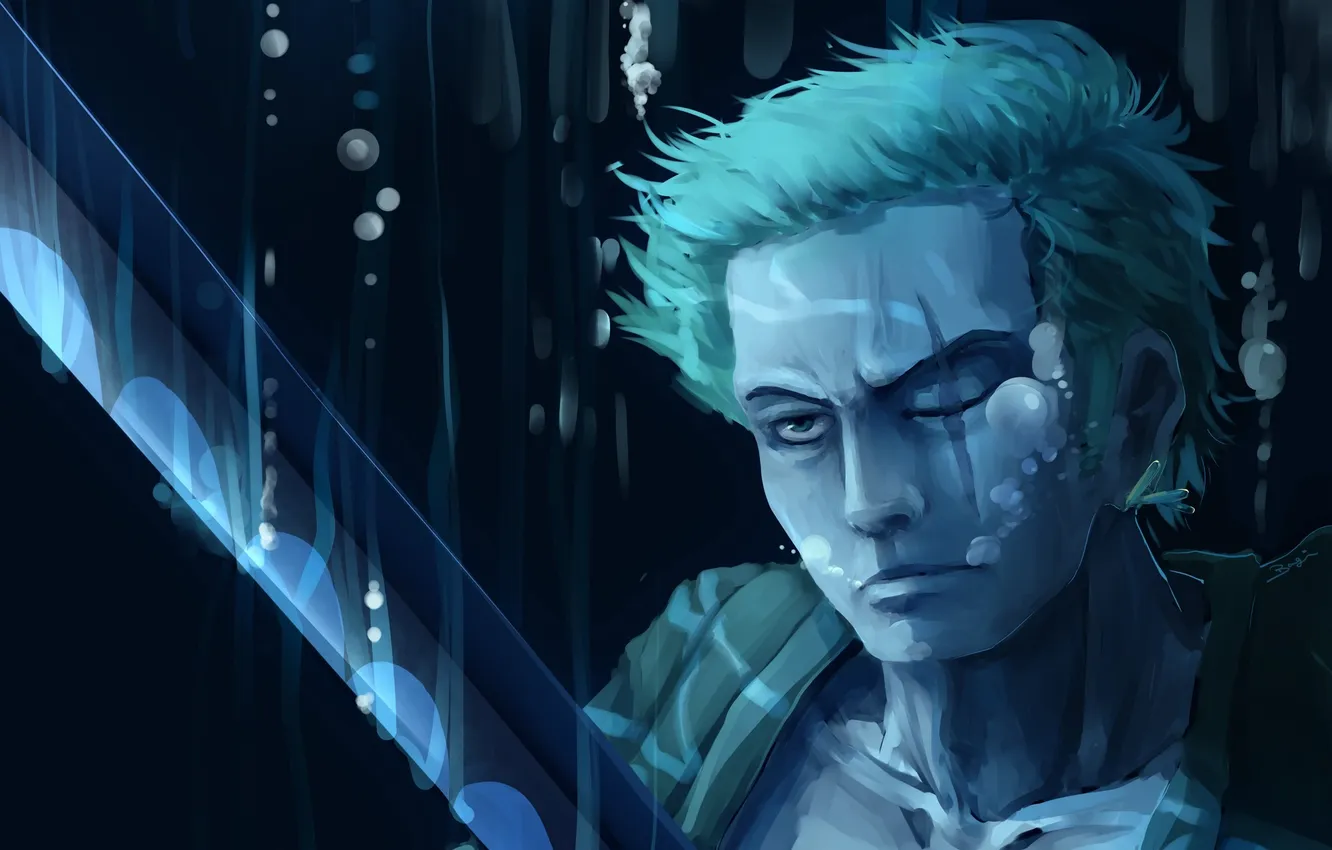 Фото обои пузыри, меч, аниме, арт, парень, One Piece, шрам, Roronoa Zoro