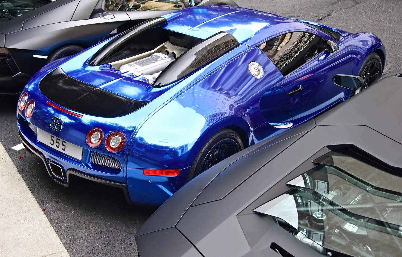 Фото обои синий, Bugatti, Veyron, бугатти, хром, Blue, задок, вейрон